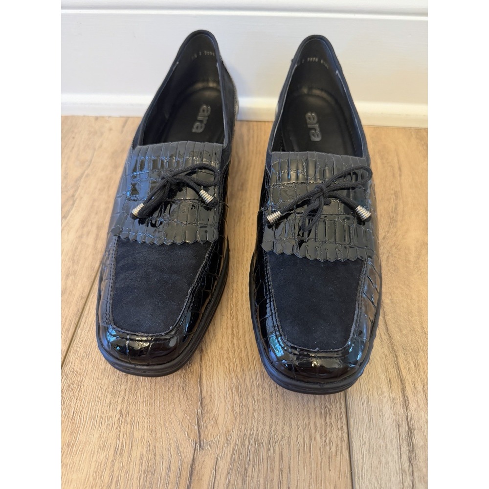 Ara Loafer Wedge Women 7.5 Black NWOT Patent Croc Kiltie Bow Fringe